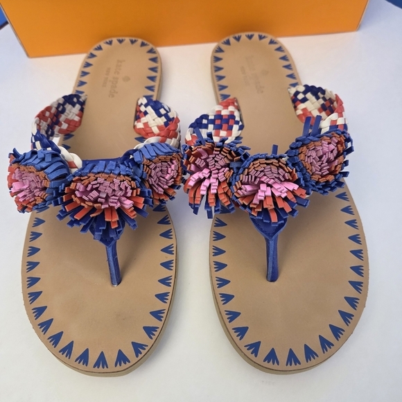 Kate Spade Idette Fringe Rosette Pom Sandal Flip Flop Blue Tangelo Tan Women’s 9 - Picture 7 of 15
